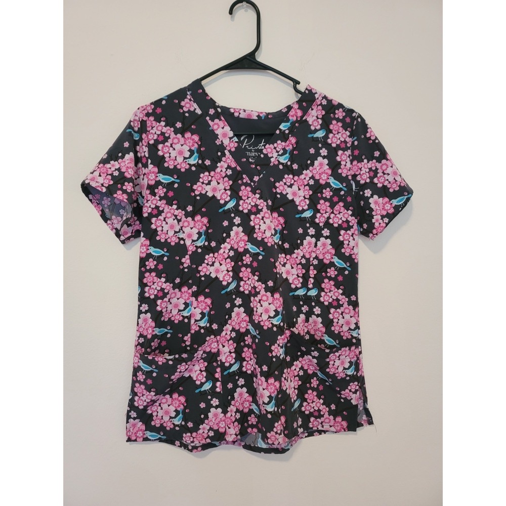 PRINTS by MAEVN Sz S V-neck Scrub Top Gray Pink Flowers & Birds W/pockets Floral